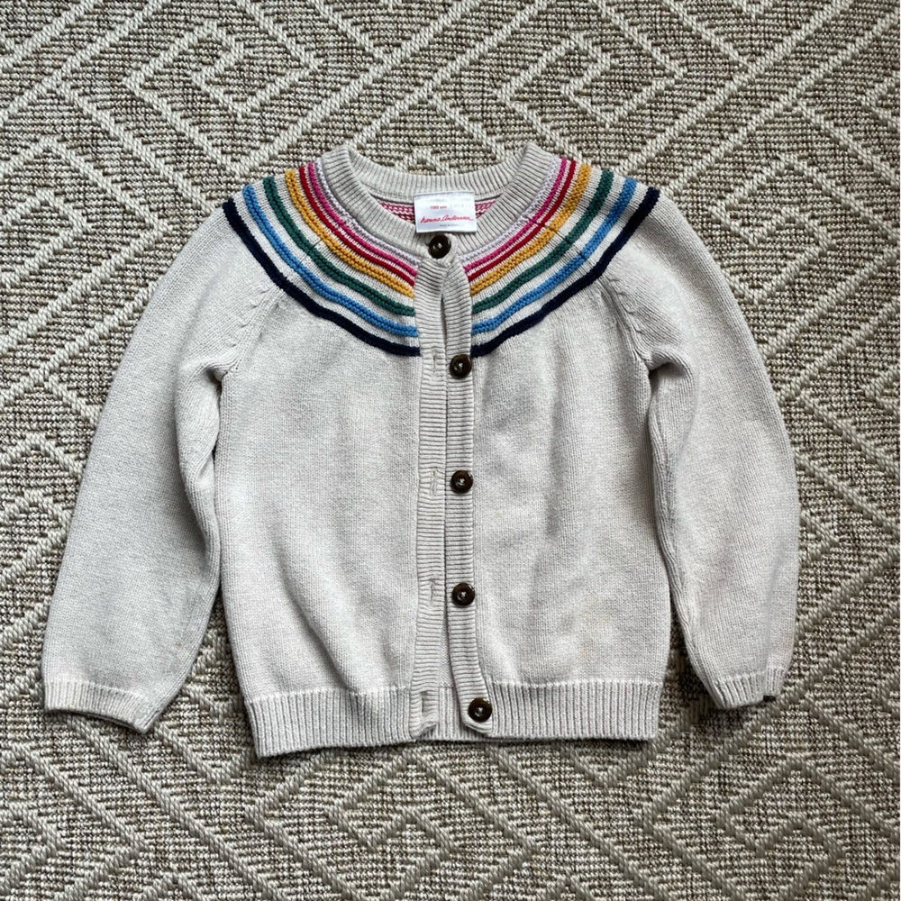 Hanna Andersson Beige Kids Cardigan with Rainbow Striped Accent- 4Y